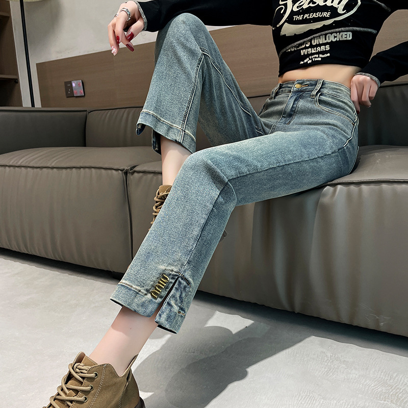 Split Straight Leg Jeans Women's Spring and Autumn New High Waist Slimming Light Color Cropped Smoke Tube Pants Split Straight Leg Jeans Women's Spring and Autumn New High Waist Slimming Light Color Cropped Smoke Tube Pants