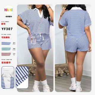 YF307 跨境欧美女套装夏季极简通勤休闲条纹Polo领短袖短裤两件套