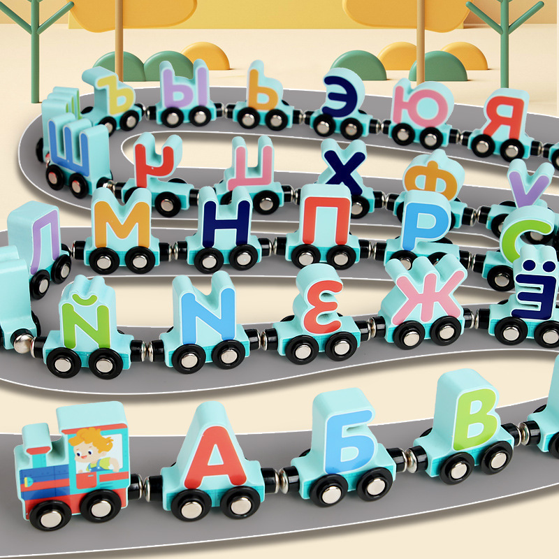 CE CPC madera para niños letras digitales de tráfico magnético tren pequeño 1 - 2 - 3 años de bebé ensamblaje coche de juguetes