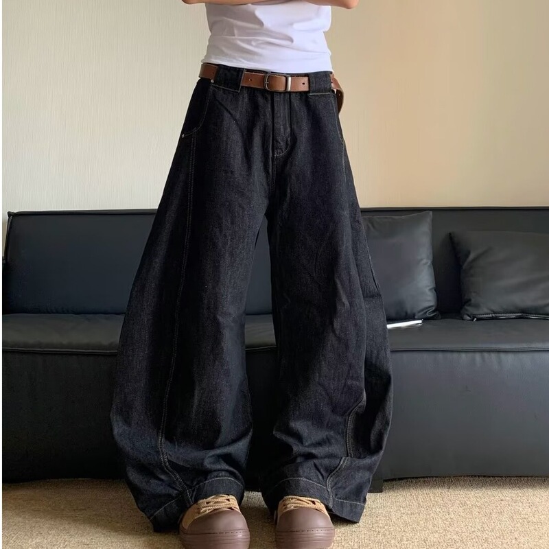 Black American Style Retro Profile Trendy Brand Jeans Deconstructed Niche Design Advanced Sense Loose Wide Leg Pants
