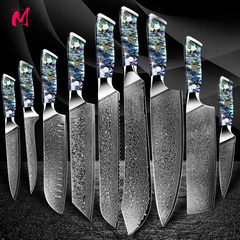 Damascus Steel Knife Set with Abalone Shell Handle, Chef's Knife, Santoku Knife, Boning Knife, Gift Box, Multifunctional