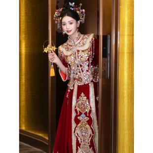 Velvet Xiuhe Dress 2024 New Bride High-end Wedding Dress Chinese Wedding Dress Toasting Dress Cabinet Dress Heavy Industry Women
