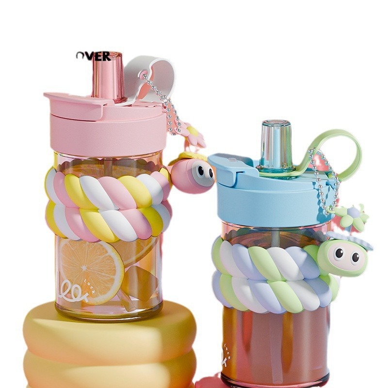 Taza de agua de vidrio de caramelo doble bebida borosilicato estudiante taza de alto valor para niñas taza de paja portátil resistente a altas temperaturas de verano