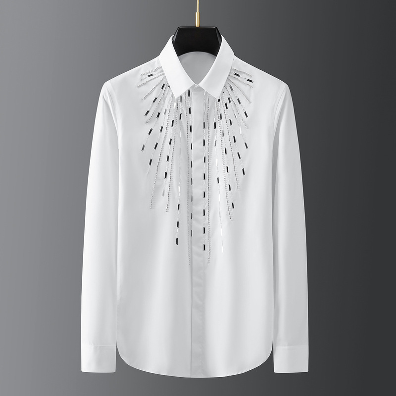 Pure Handmade High Quality Geometric Metal Sheet Sewing Men's Shirt Distinctive Shining Long Sleeve Light Luxury High-grade Shirt Pure Handmade High Quality Geometric Metal Sheet Sewing Men's Shirt Distinctive Shining Long Sleeve Light Luxury High-grade Shirt