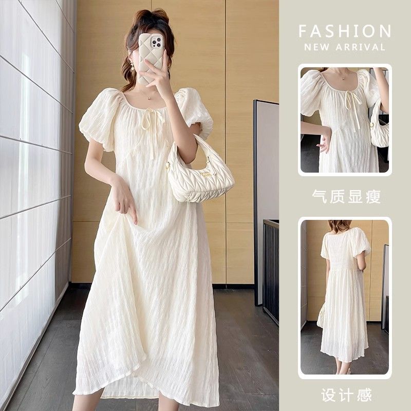 Maternity summer dress, fashionable and trendy, square collar, bubble sleeves, loose maternity dress, thin summer maternity skirt