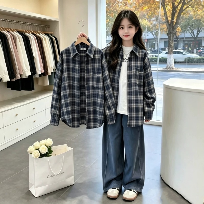 Girls' long-sleeved shirt, autumn 2026 new style, children's Korean style top, girls' spring and autumn plaid shirt jacket