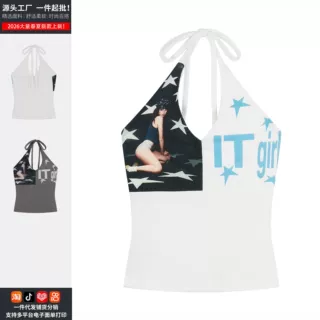 美式星星印花挂脖系带背心女夏季辣妹修身显瘦露背上衣--厂家直发