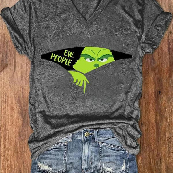Imitation cotton 2021 new wish foreign trade pocket Christmas Grinch green hair strange pattern printed short sleeve V-neck T-shirt Imitation cotton 2021 new wish foreign trade pocket Christmas Grinch green hair strange pattern printed short sleeve V-neck T-shirt