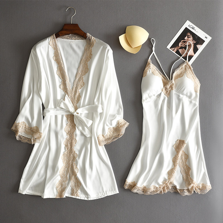 Pajamas Women's Spring and Autumn Sexy Ice Silk Korean-style Two-piece Suit Lace Belt Chest Pad Home Clothes Outer Wearing Thin Nightgown Pajamas Women's Spring and Autumn Sexy Ice Silk Korean-style Two-piece Suit Lace Belt Chest Pad Home Clothes Outer Wearing Thin Nightgown