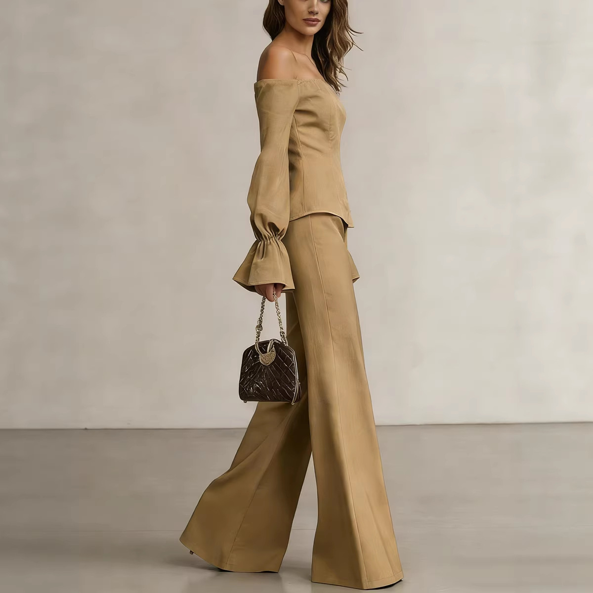 Elegant Off-Shoulder Puff Sleeve Women's Top with Wide Leg Pants Two-Piece Set European And American Style Fashionable Clothing for Women_ecoleips.com
