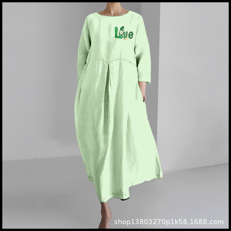 2025 Cross-Border Women's Casual Three-Quarter Sleeve Dress with St. Patrick's Theme Clover 3D Print for Summer