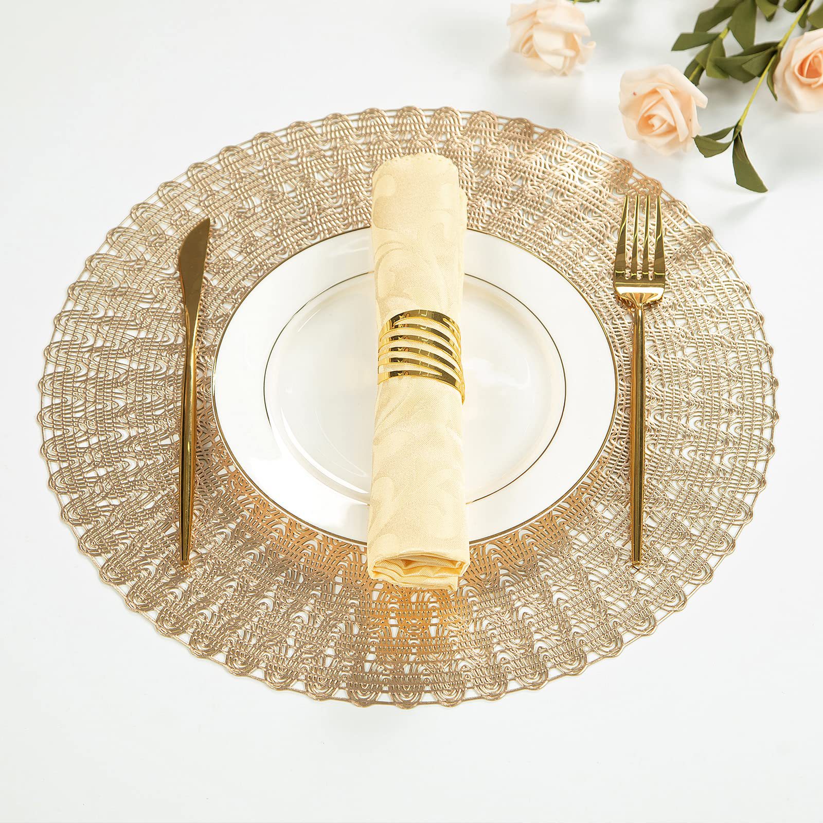 Transfronterizo nuevo hueco PVC placemat oro y plata seda Mesa Redonda estera antideslizante aislamiento posavasos decorativo occidental placemat al por mayor