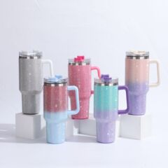 新しい高品質のグラデーションカラーのアイスカップ、クリエイティブなダイヤモンドステンレス鋼の魔法瓶カップ、便利なストロー付きカーカップ