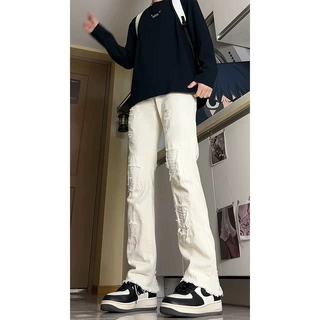 美式vibe破洞裤子潮牌高街宽松牛仔裤男士夏季潮流微喇叭直筒长裤