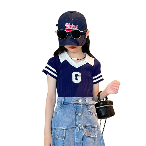 Girls summer suit  new children's suit summer letter POLO short-sleeved t-denim skirt pants two-piece set
