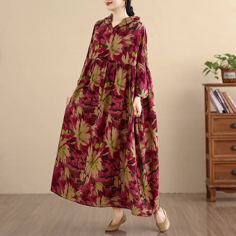 Foreign Trade Plus-Size Women's Clothing, Early Spring New Style, Retro Niche Gentle Style, High-End Cloud Brocade Gauze Hooded Printed Dress