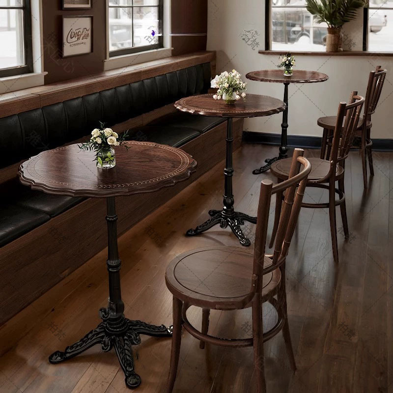 Folding Coffee Shop Table and Chair Combination American Small Round Table Mid-Century Style Baking Dessert Shop Catering Commercial Stackable Model