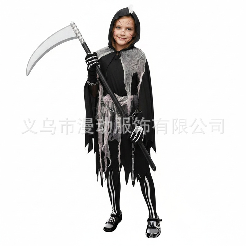 Girls' Dark Grim Reaper Costume, Distressed Tattered Cape, Skull Print Pants, Halloween Party Horror Outfit