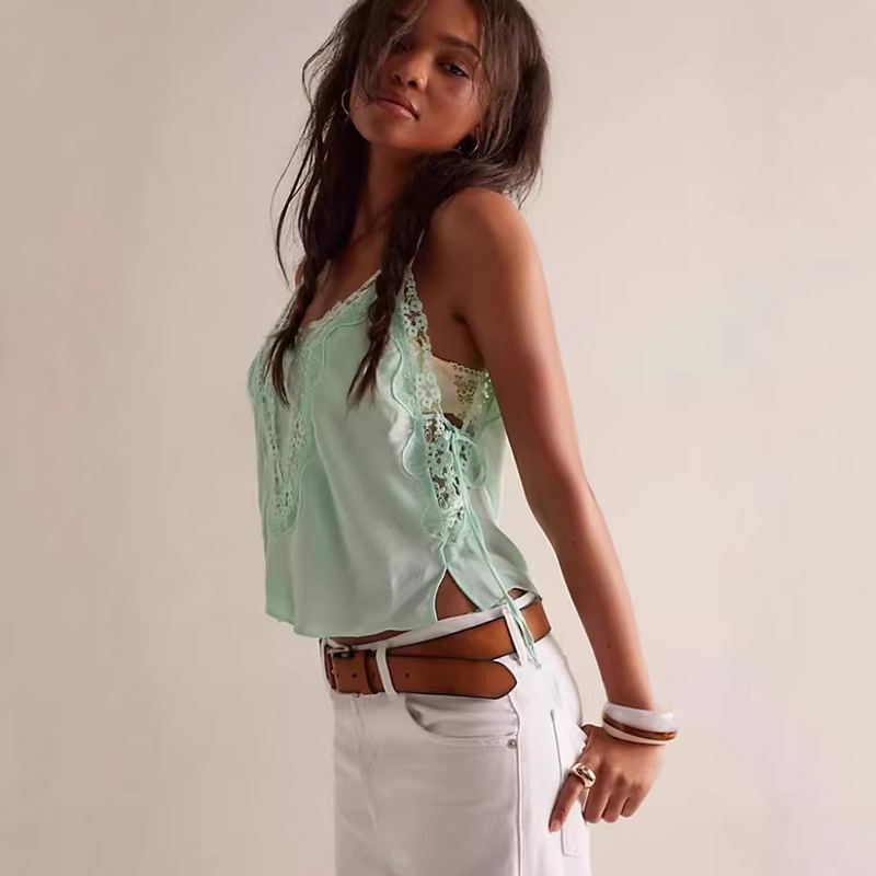 2025 New European and American Style Lace Patchwork Camisole, Feminine Strappy Short Top, Vacation Style Tank Top 2025 New European and American Style Lace Patchwork Camisole, Feminine Strappy Short Top, Vacation Style Tank Top