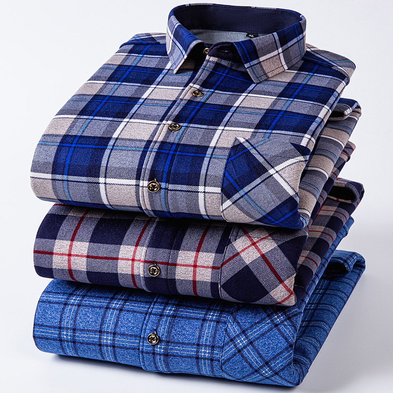 Double-Sided Velvet Warm Shirt Fleece-Lined Thickeneded Plaid Middle-Aged Dad Wear Winter Men's Cardigan Long-Sleeved Men's Shirt