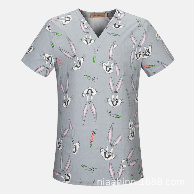 2025国境を越えたアマゾンの爆発的なアニメプリント看護師服女性vネック半袖tシャツ上着手術服の仕事|undefined
