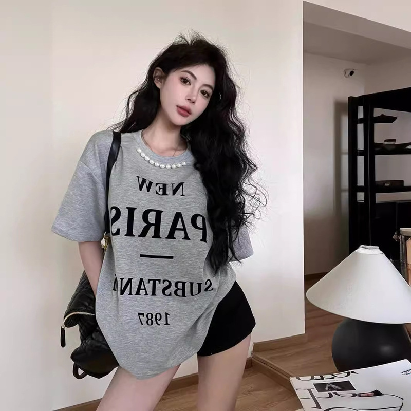 Fashion Design Sense Pearl Chain Short Sleeve Top 2024 Summer New Loose plus size American English Printed T-Shirt