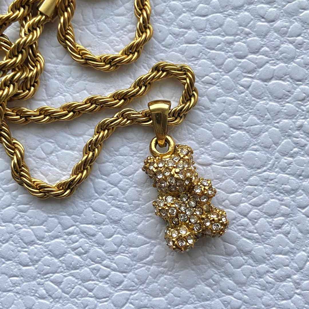 Unisex Gender Animal, Diamond Design Wholesale Jewelry Casual Little Bear 304 Stainless Steel Rhinestones Animal Diamond Hemp Flowers Chain Pendant Necklace