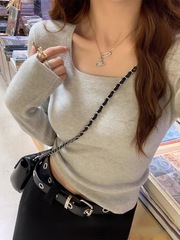 方领打底衫2025早春秋冬内搭长袖上衣女修身显瘦小个子短款针织衫