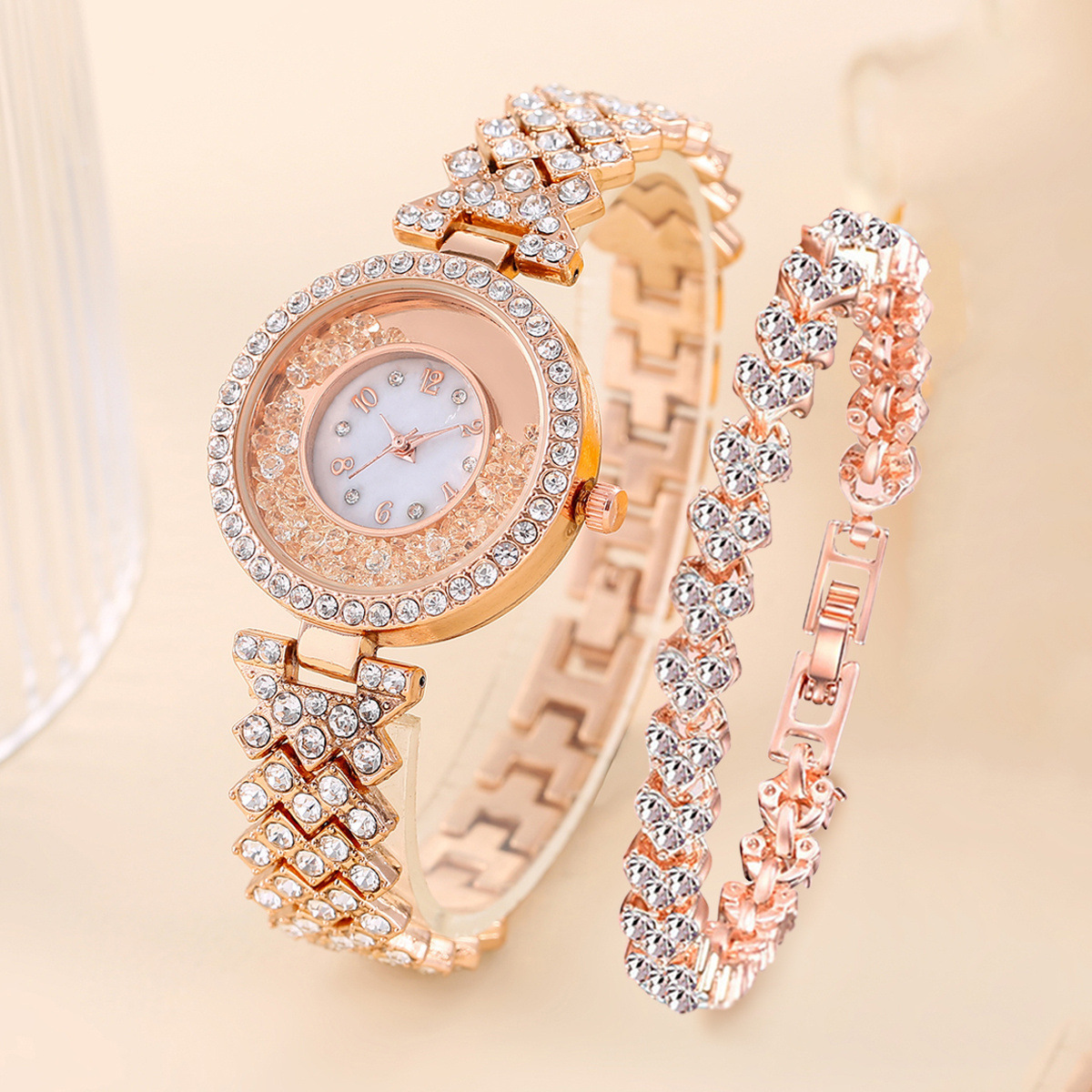 Fashion quicksand ball rhinestone Women's Watch Diamond Steel Belt bracelet digital dial light luxury watch_voghion.com