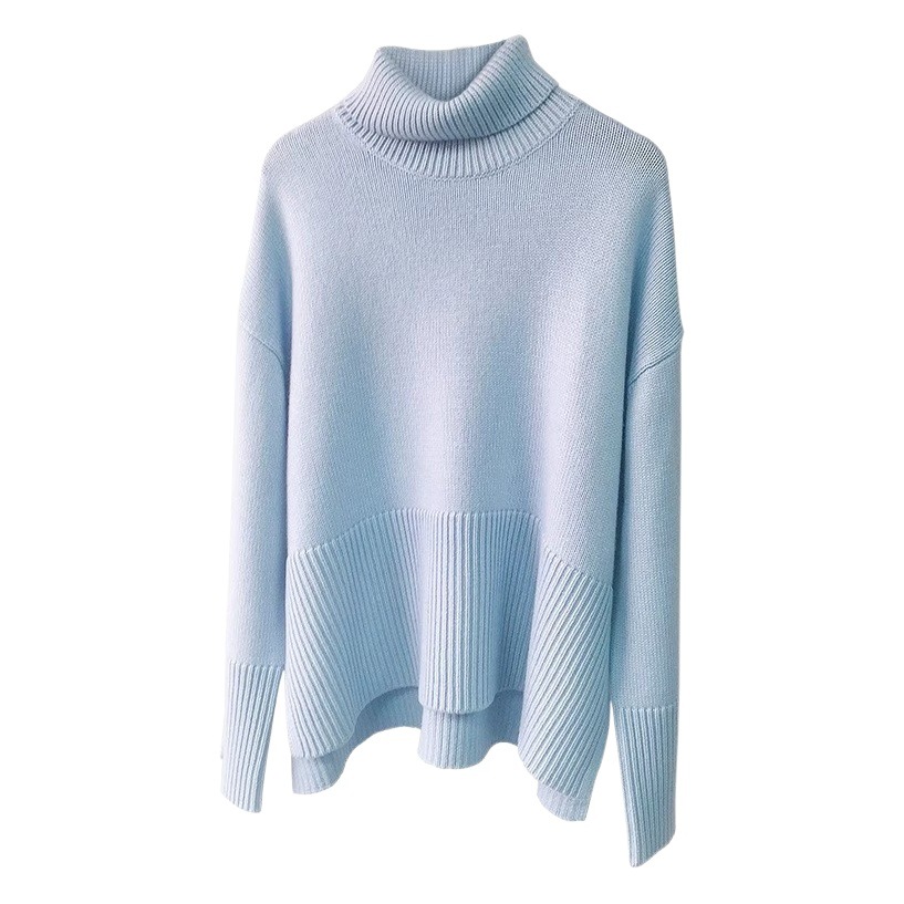 TT裾オープンフォークタートルネックカシミヤセーターレディースゆるい長袖前ショートバックロングニット上着冬新作