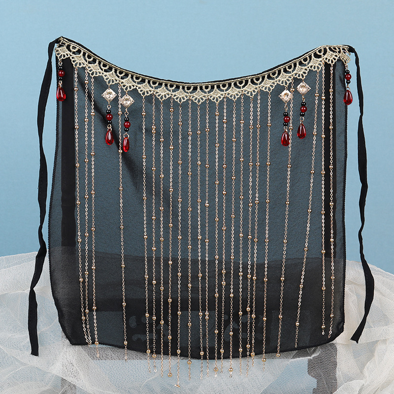 Hanfu face veil ancient style ear-hanging face cover with tassels, ancient costume female warrior black face mask for classical dance, sun protection face mask