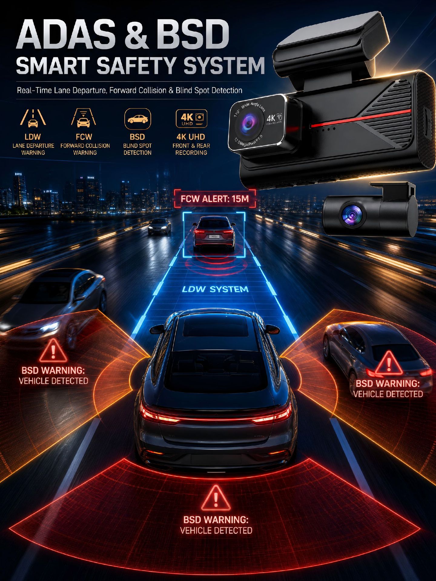 New cross-border dual 4K front and rear recording, Wi-Fi connectivity, GPS tracking, ADAS, and high-definition dashcam with BSD