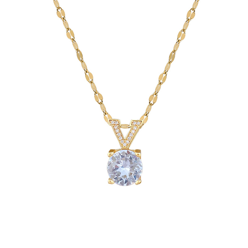 [Acero de titanio] Diamante cuadrado en forma de V, personalidad, lujo ligero, hermoso collar de diamantes, cadena de clavícula de todo fósforo femenina, cadena de acero de titanio