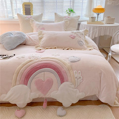 Princess Style Winter Milk Fleece Quilt Set with Thick Double-Sided Fleece Rainbow Patchwork Embroidered Cover Girl Bedding