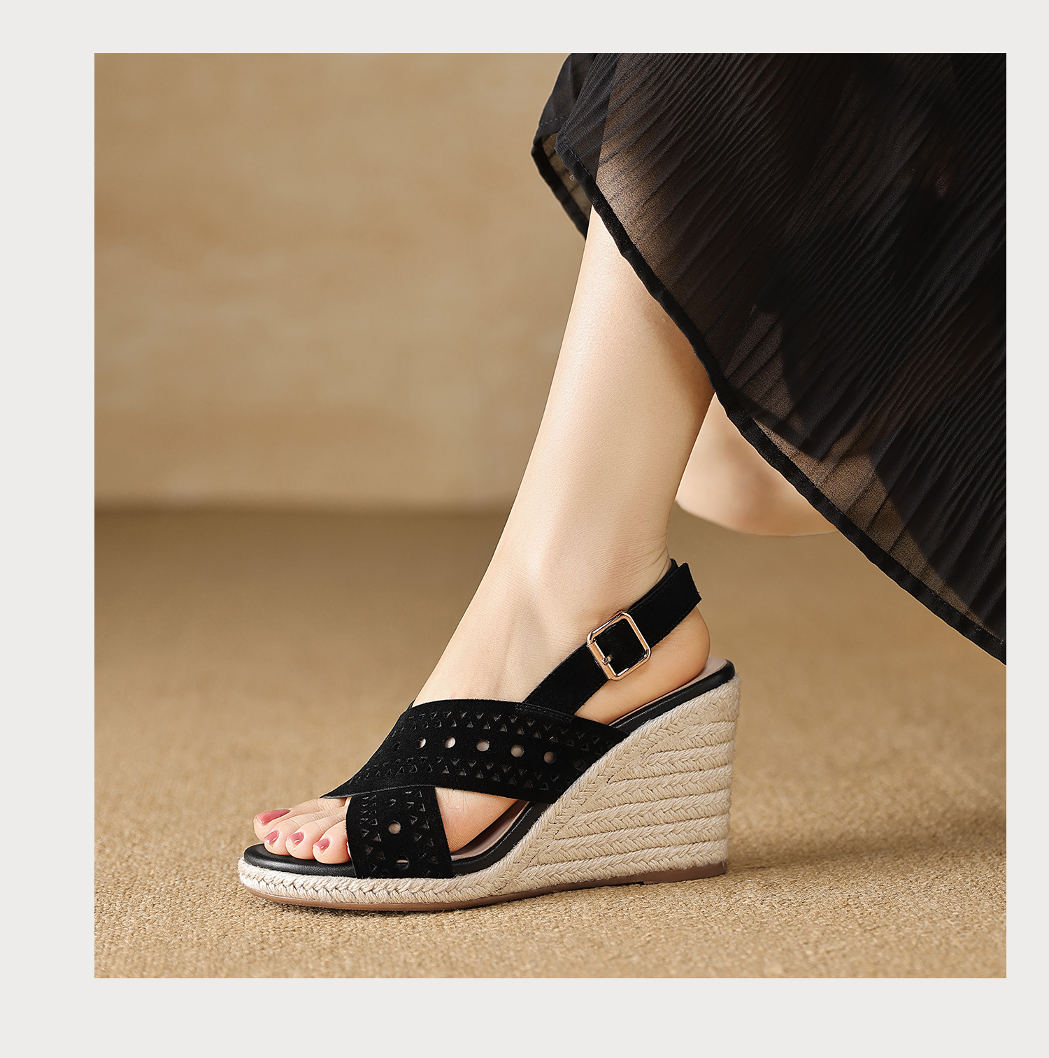 Sandal cao gót nữ quai chéo hở mũi đế xuồng bện rơm gót 8 cm — màu nâu, màu đen chi tiết 11