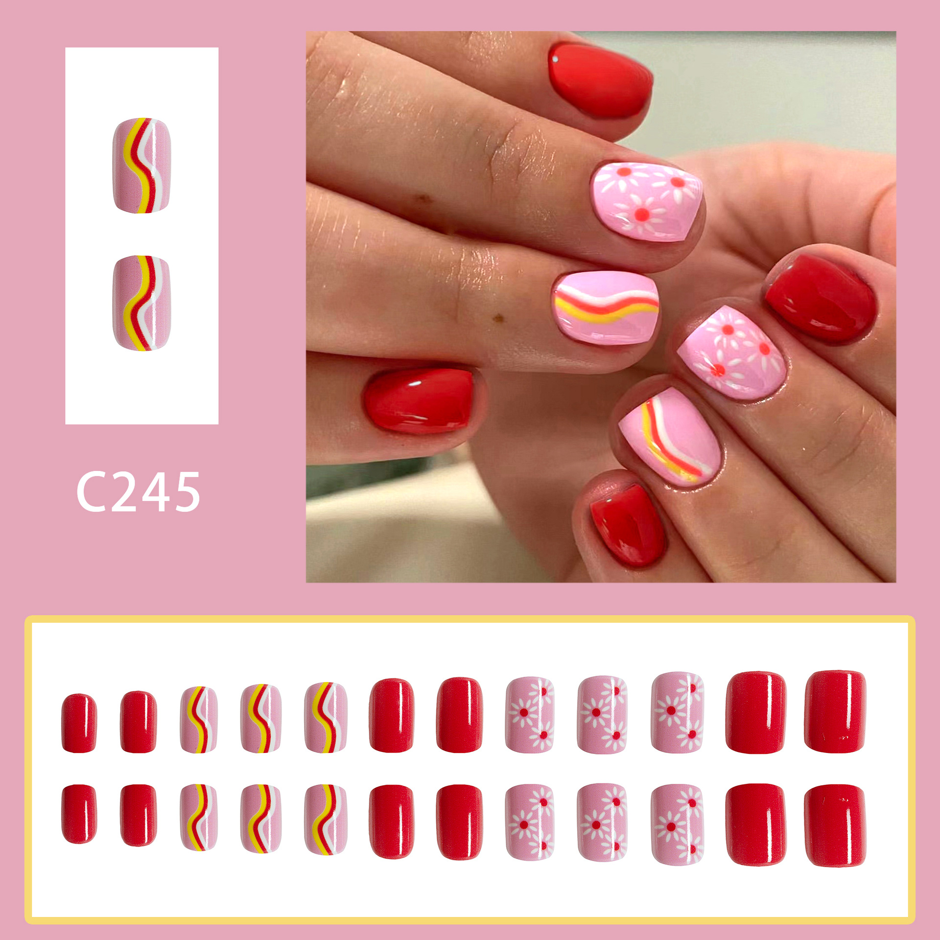 Ongles courts brillants à rayures contrastées de couleur douce et florale, ongles à porter, orange doux et rose, amovibles, 24 pièces_voghion.com