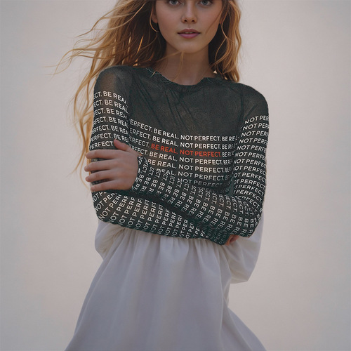 W198BS Western and Eastern Cross-Border 2024 Autumn New Round Neck Long Sleeve Letter Print Sheer Fitted Sexy Bodysuit
