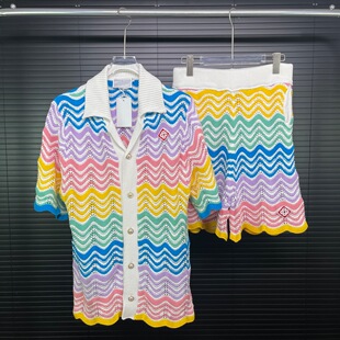 Cross-Border Trendy Brand Ca Casa Short-Sleeved Knitted Cardigan Suit Woolen Sweater Rainbow Color Matching High Version for Men and Women