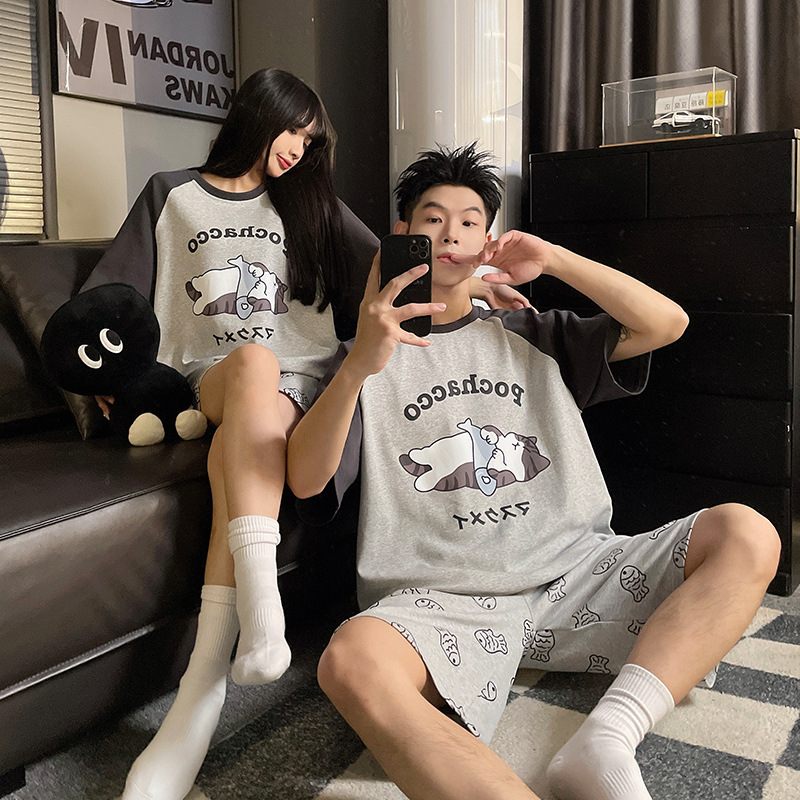 2024 new pajamas women's summer cotton short-sleeved shorts couple's cute cartoon loose men's home wear