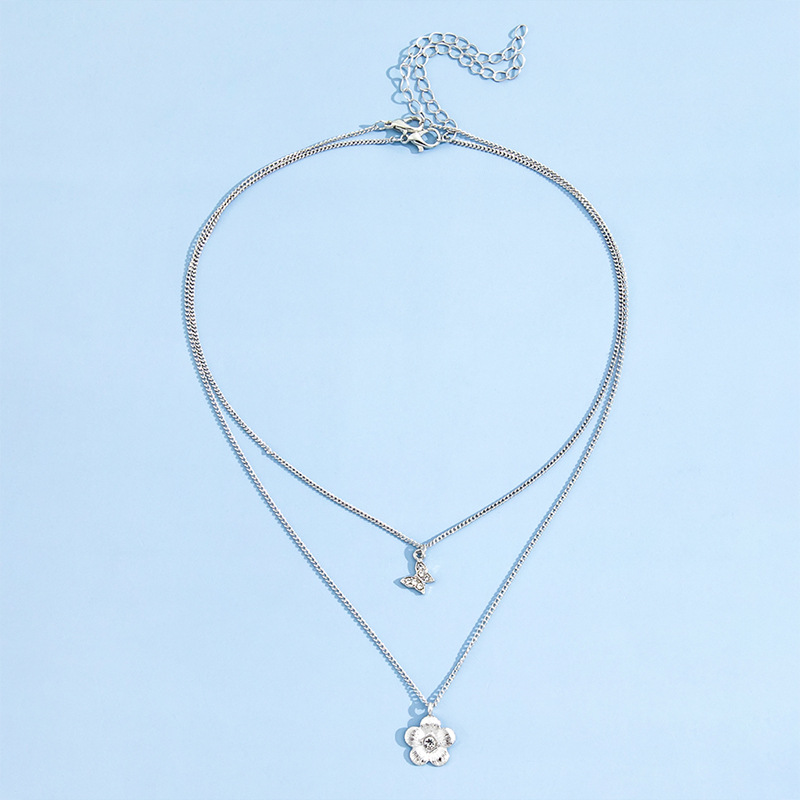 Sweet Flower Butterfly Alloy Layered Diamond Rhinestone Layered Necklaces