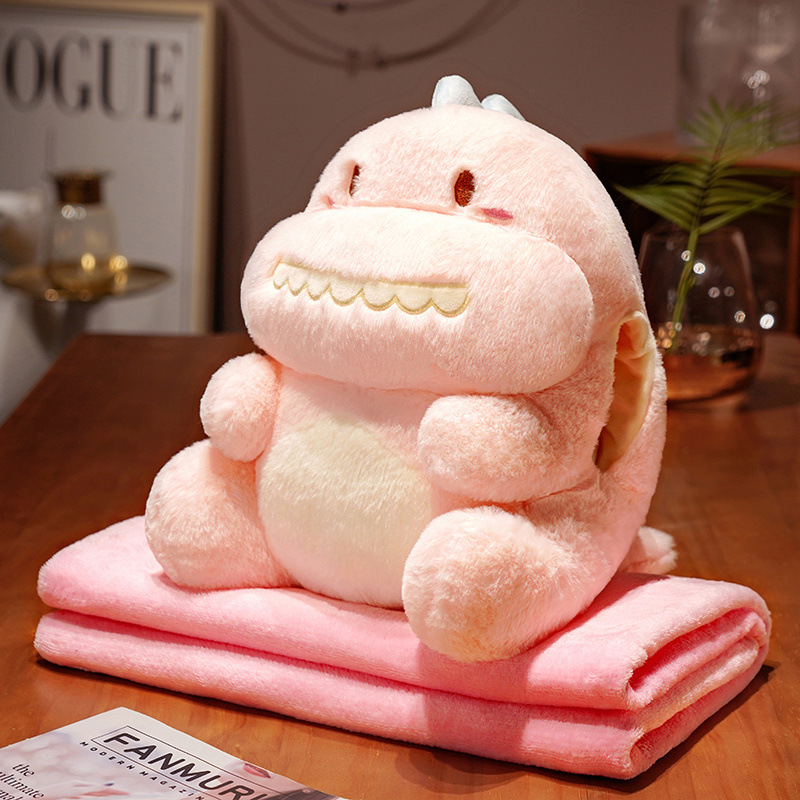 Dinosaurio de dibujos animados almohada de mano caliente muñeca de peluche con manta multifuncional para niñas puede insertar almohada de mano regalo