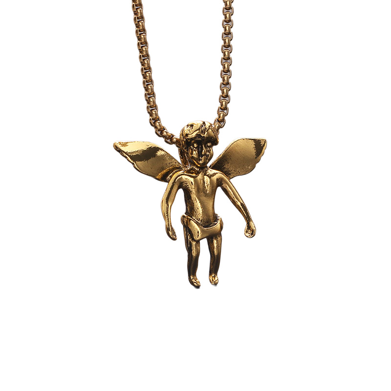 Vintage roestvrijstalen ketting groothandel hiphop engelenvleugels legering hanger trui ketting_voghion.com