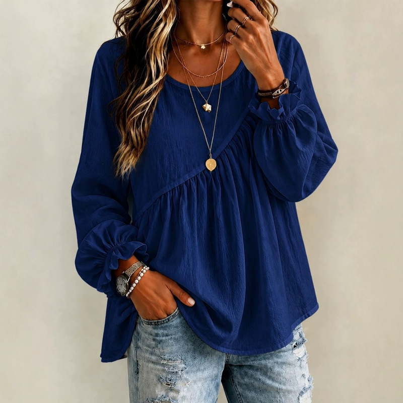 2026 New Cross-Border European and American Style Women's Solid Color Round Neck Long Sleeve Ruched Shirt Top, Casual Versatile Loose Fit 2026 New Cross-Border European and American Style Women's Solid Color Round Neck Long Sleeve Ruched Shirt Top, Casual Versatile Loose Fit