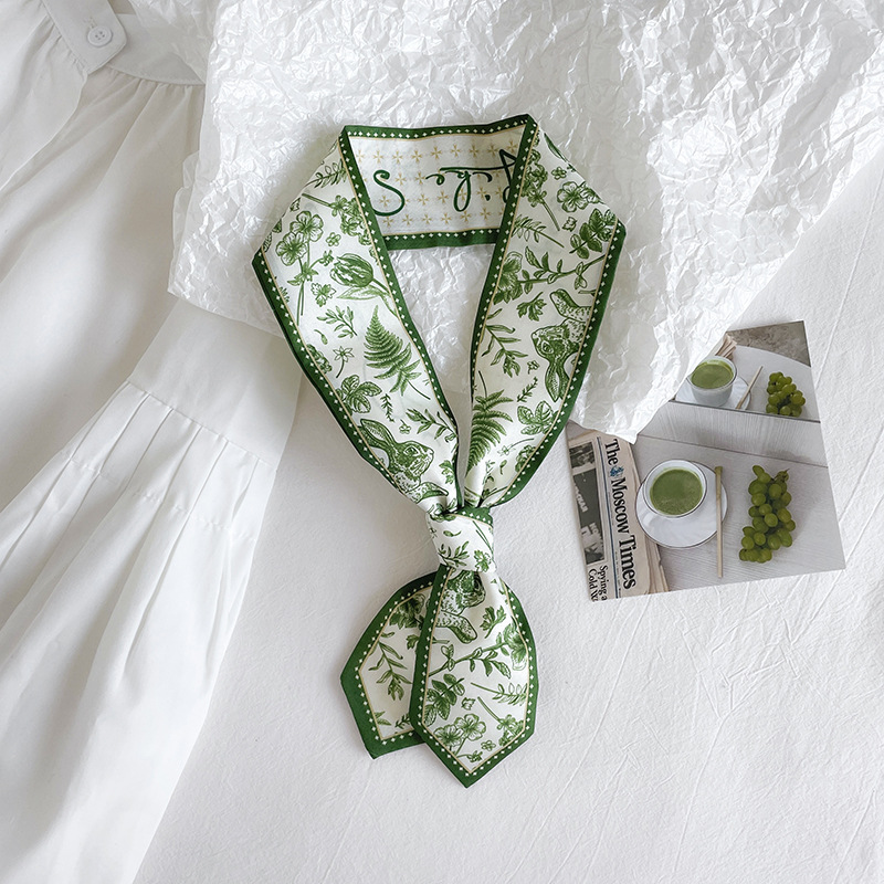 Cinta de primavera impresión larga estrecha ángulo pequeña bufanda de seda elegante estilo coreano banda de pelo bolsa de accesorios para el cabello entrega de una sola pieza