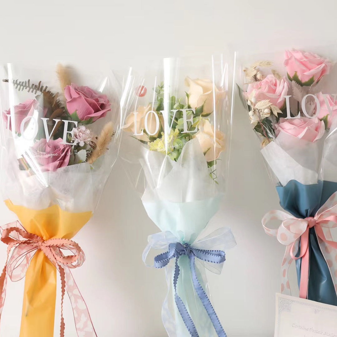 Papel de embalaje de comercio exterior, múltiples bolsas de flores, múltiples tulipanes, ramo de rosas transparentes, material de bolsa de flores en inglés
