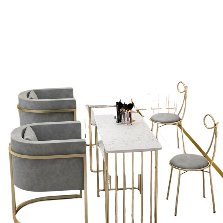 Nórdico de hierro forjado de doble capa de mesa de manicuras de mármol, sofá y silla red, mesa de manicuras de oro para una persona doble