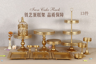 Decoración de mesa de postres de boda de oro, estante de pastel europeo, propósitos de boda, bandeja de pastel de encaje, estante de refrigerio de hierro forjado, 12 juegos