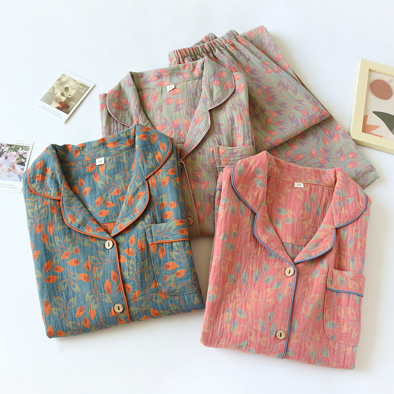 Pajamas summer women's Jacquard thin white lapel cotton gauze long sleeve spring and autumn outerwear homewear suit