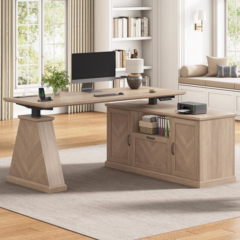 Factory Direct Sale Farmhouse Style L-Shaped Electric Height-Adjustable Desk with Power Outlet and 2 Storage Cabinets Factory Direct Sale Farmhouse Style L-Shaped Electric Height-Adjustable Desk with Power Outlet and 2 Storage Cabinets