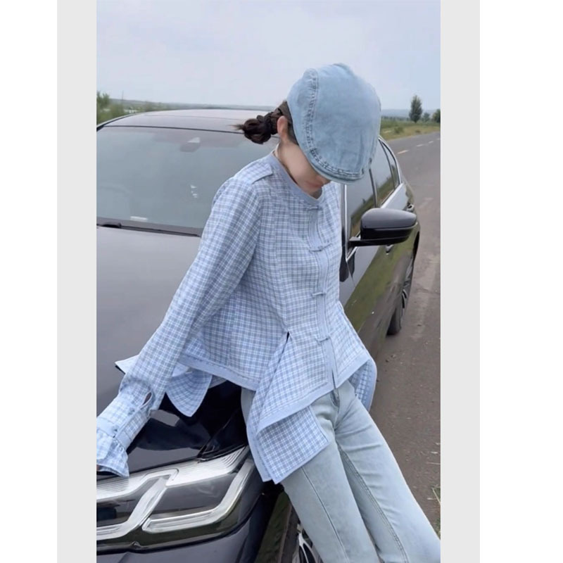 新中式国风女装2025新款蓝色格子盘扣长袖衬衫法式高端小资小上衣|undefined